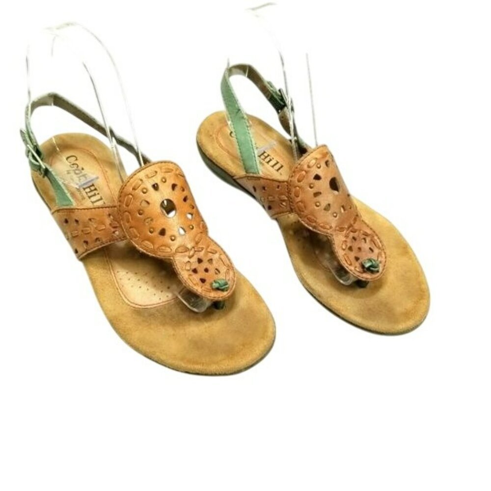 Cobb Hill Womens Leather Sandals Size 7M Green & Tan Strappy Thong Cushioned